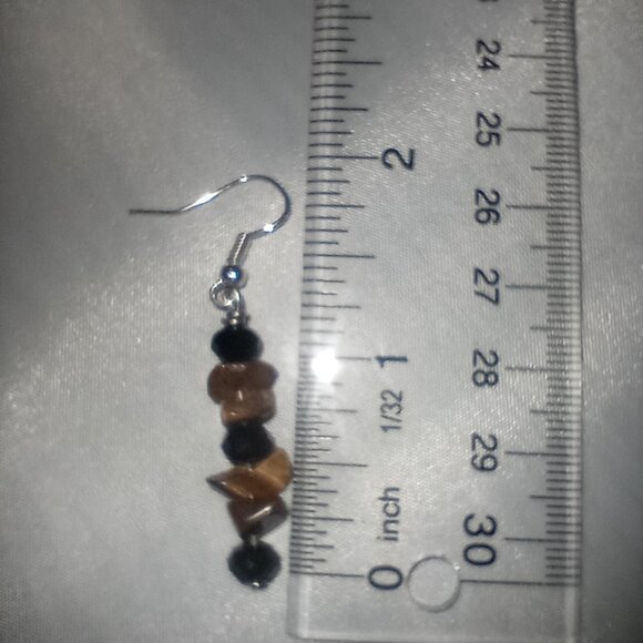 Tiger's Eye Gemstone and Bead Dangle Sterling Silver Plated Earrings - Picture 5 of 6